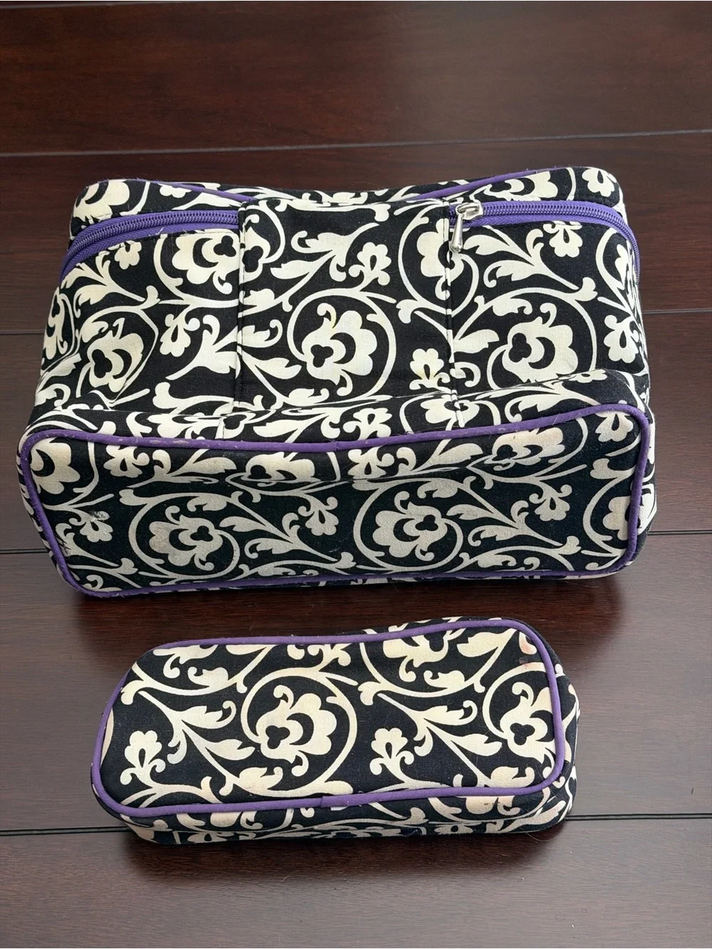 Black & Cream Floral Cosmetic Bag Set with Purple Trim